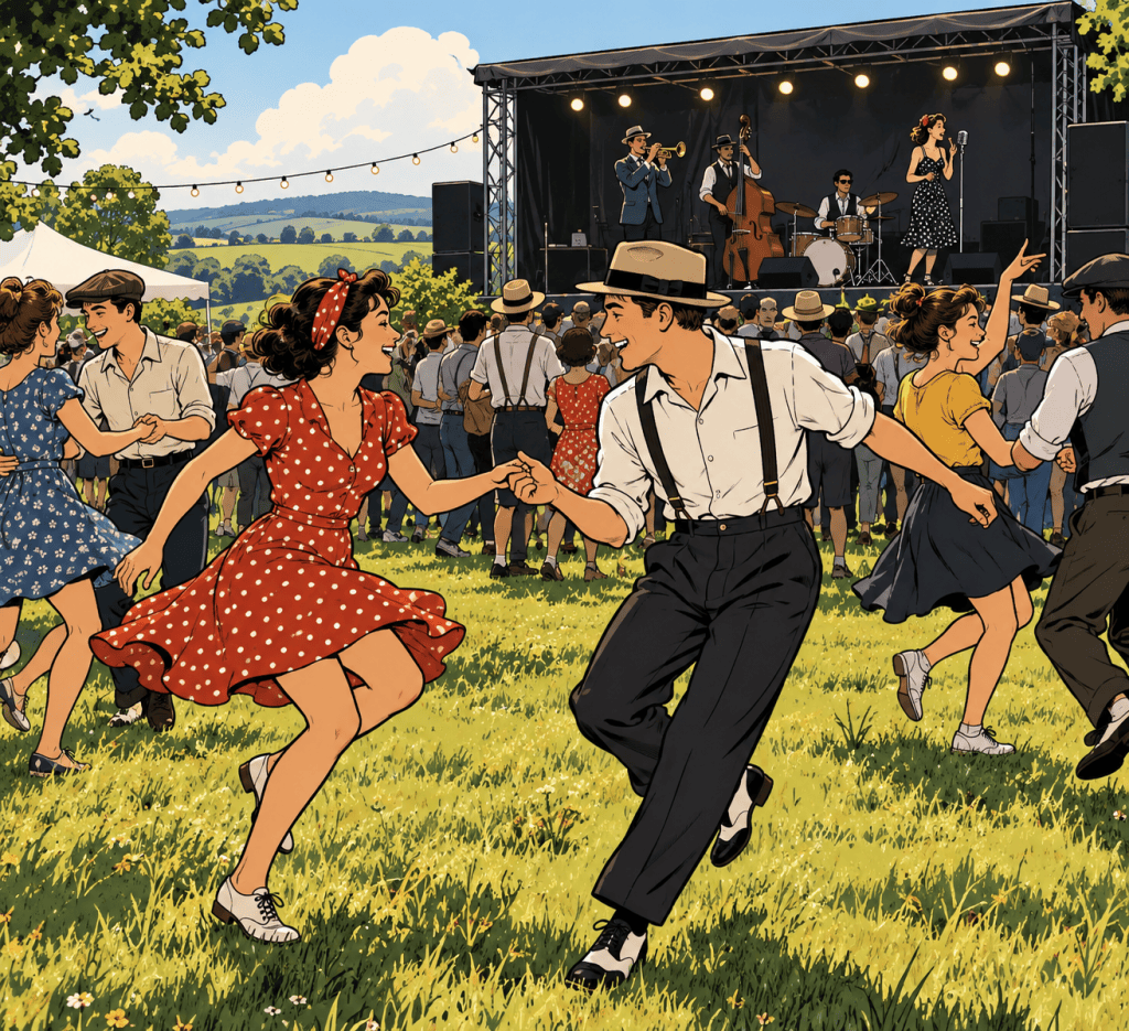Une scène de danse en plein air avec des couples habillés dans les années 1950, dansant joyeusement sur une pelouse verte, tandis qu'un groupe de musique se produit sur scène.