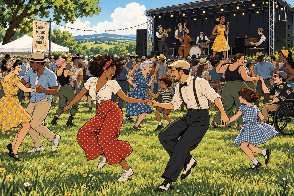 Une scène animée de danse en plein air avec des couples s'amusant sous la musique swing. Sur scène, un groupe de musiciens joue tandis qu'une chanteuse attire l'attention. Des gens de tous âges dansent joyeusement sur l'herbe verte, créant une atmosphère festive.