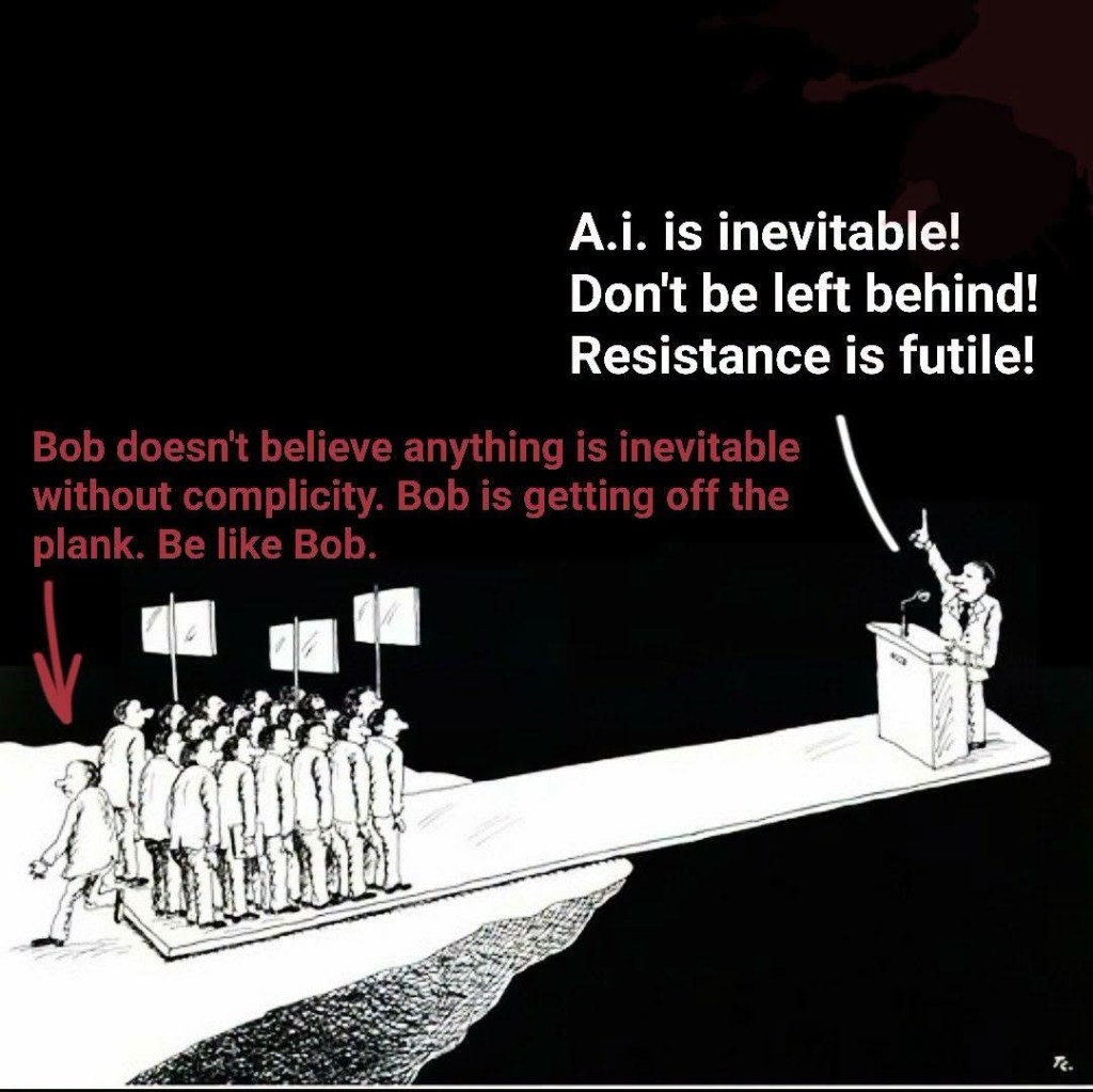 Une illustration montrant une foule de personnes sur une planche, avec un homme parlant sur une estrade. Des slogans soulignent l'inevitabilité de l'IA et encouragent à agir comme un personnage nommé Bob qui quitte la planche.