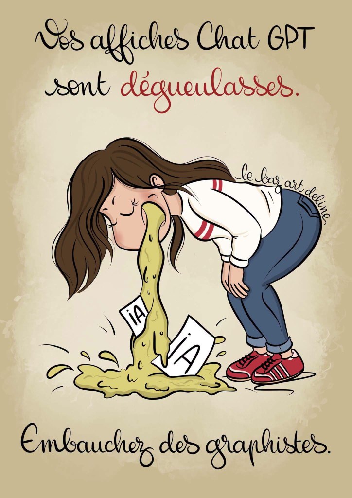 Illustration humoristique d'une femme vomissant sur des feuilles avec des lettres 'IA', accompagnée du texte 'Vos affiches Chat GPT sont dégueulasses. Embauchez des graphistes.'
