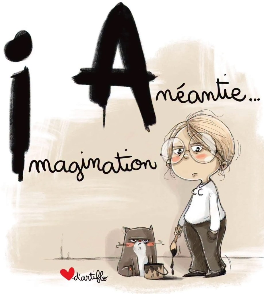 Une illustration humoristique montrant une femme aux lunettes avec une expression déçue, tenant un pinceau et une peinture. À ses pieds se trouve un chat qui semble désapprobateur, tandis que des mots en gras indiquent 'iA anéantie imagination'.